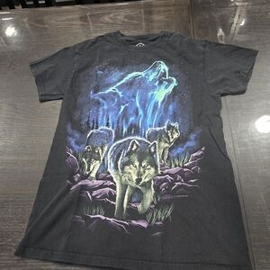 Black T-Shirt with Wolf and Aurora Design